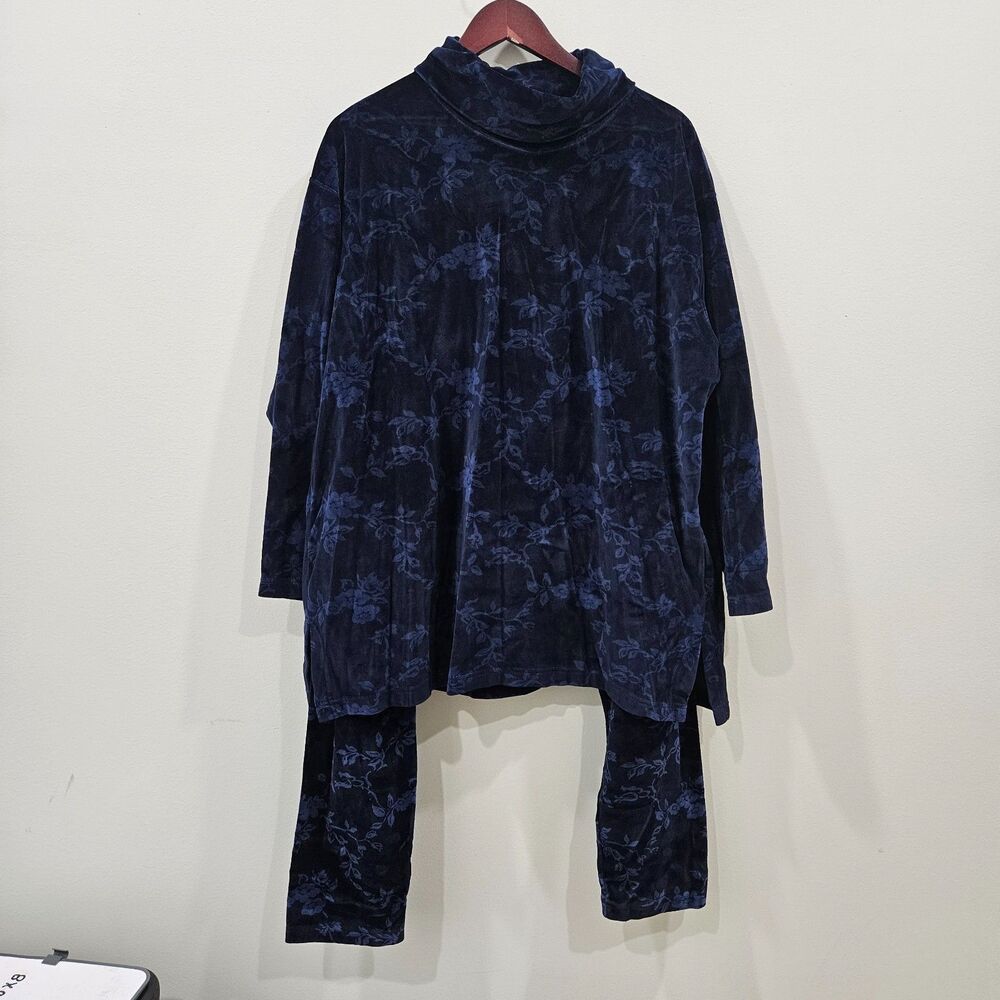 Jones New York Womens Floral Velvet Track Pant Set 2X/3X Blue Turtleneck Lounge